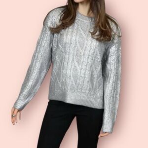 KELLY OBI New York Silver Foil Cable Knit Crewneck Sweater